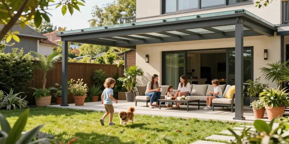 Moderne Terrassenüberdachung in einem einladenden Familiengarten mit spielenden Kindern.