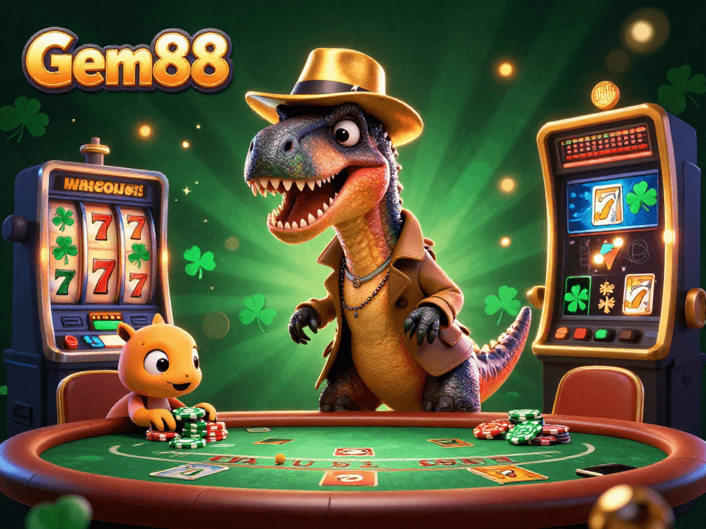 Engage with Gem88 by trying your luck at blackjack with cartoon characters in a fun 3D illustration.