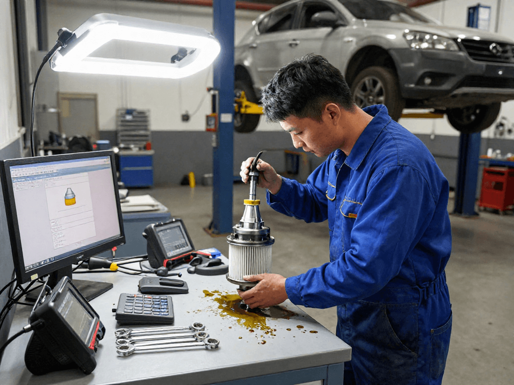 Mechaniker bei der DPF Reinigung in einer professionellen Werkstatt, präzise und fachgerecht.