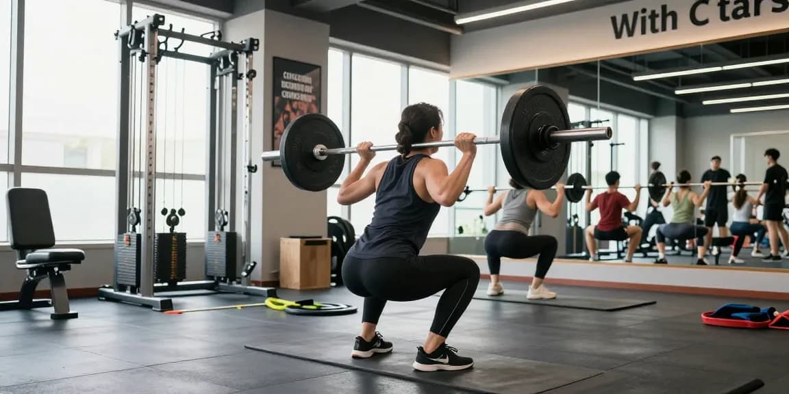 Aktive Fitnessszene im Akra Labs Steroid Shop mit Athleten bei Kniebeugen