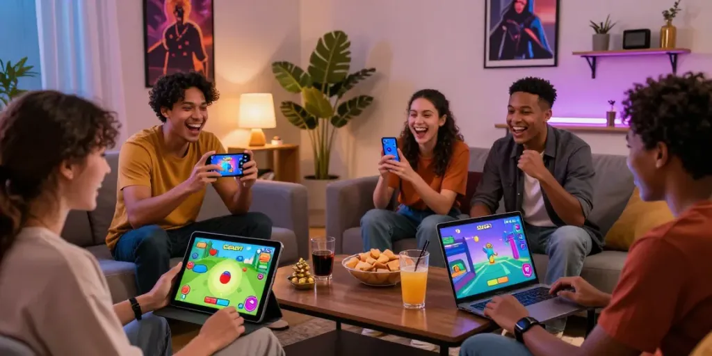 Friends enjoying GGSOFT Bounce Ball game on different devices in a lively living room.