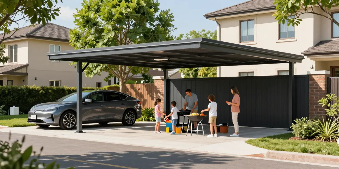 Moderne Carport-Installation mit Familie im Garten, ideal für Schutz und Freizeit.