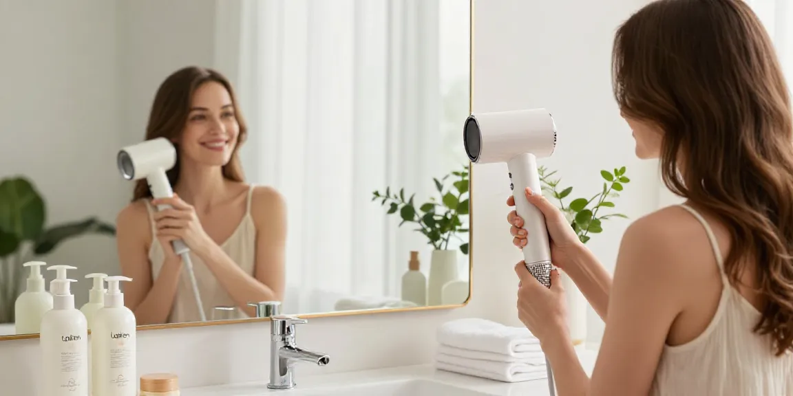 Die Frau trocknet ihr Haar mit dem Laifen Air Pro Haartrockner in einem modernen Badezimmer.
