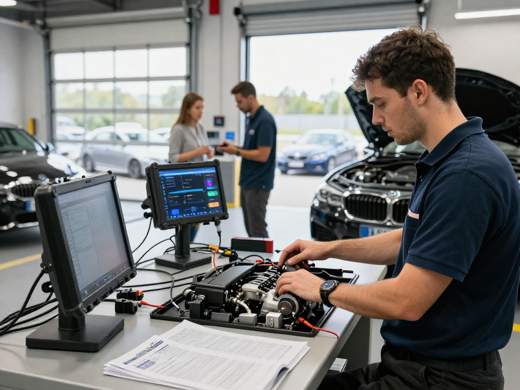 Professioneller Chiptuning-Service in Hannover, BMW-Techniker bei der Arbeit.