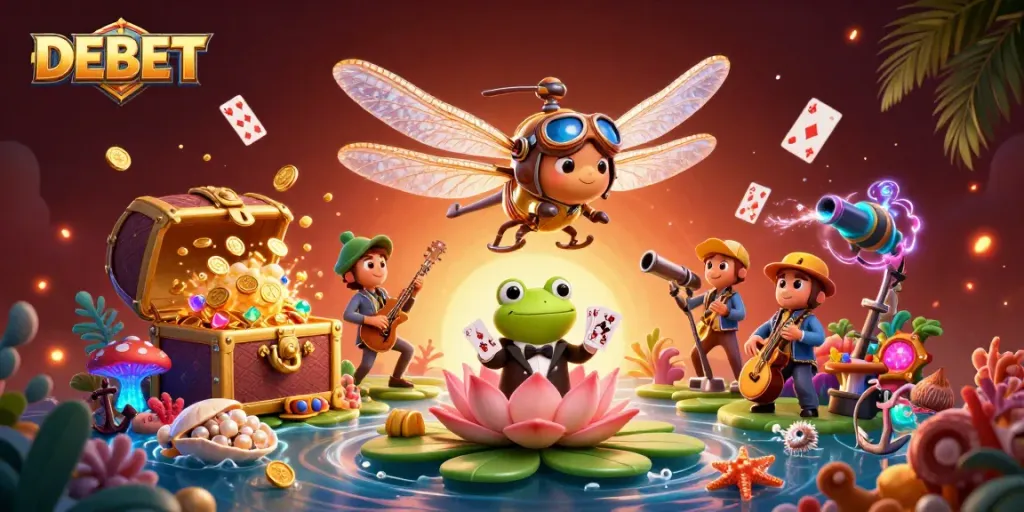 Experience thrilling games at DEBET with a vibrant scene of casino action featuring colorful characters and treasures.