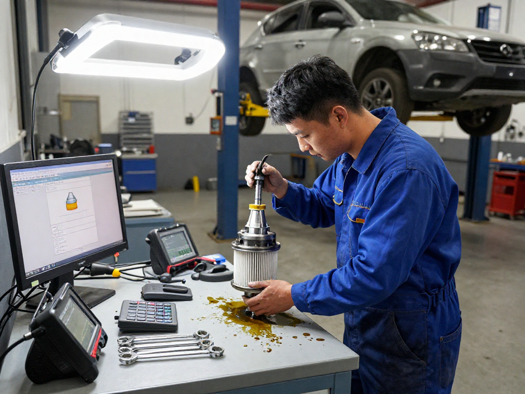 Mechaniker bei der DPF Reinigung in einer professionellen Werkstatt, präzise und fachgerecht.