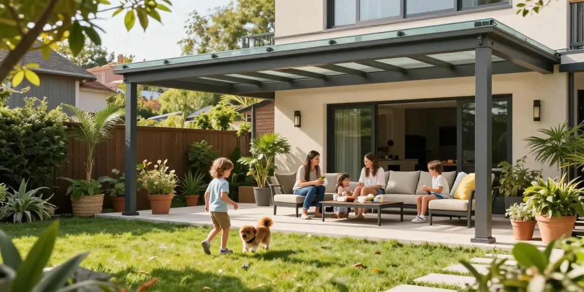 Moderne Terrassenüberdachung in einem einladenden Familiengarten mit spielenden Kindern.