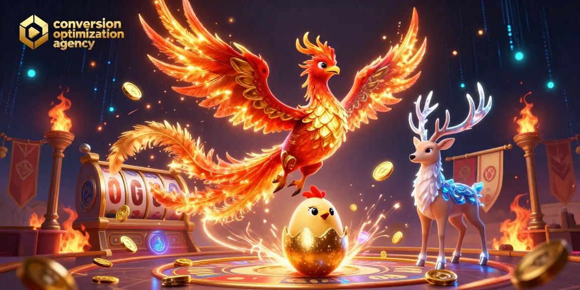 Engage in the world of gaming with a dynamic 3D scene representing a conversion optimization agency, featuring a phoenix and magical elements.