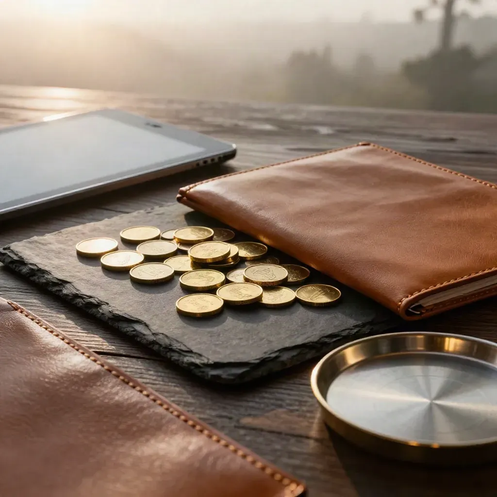 Brassene Anlage-Tokens, Ledermappe und dunkles Tablet auf dunklem Holz im Morgenlicht.