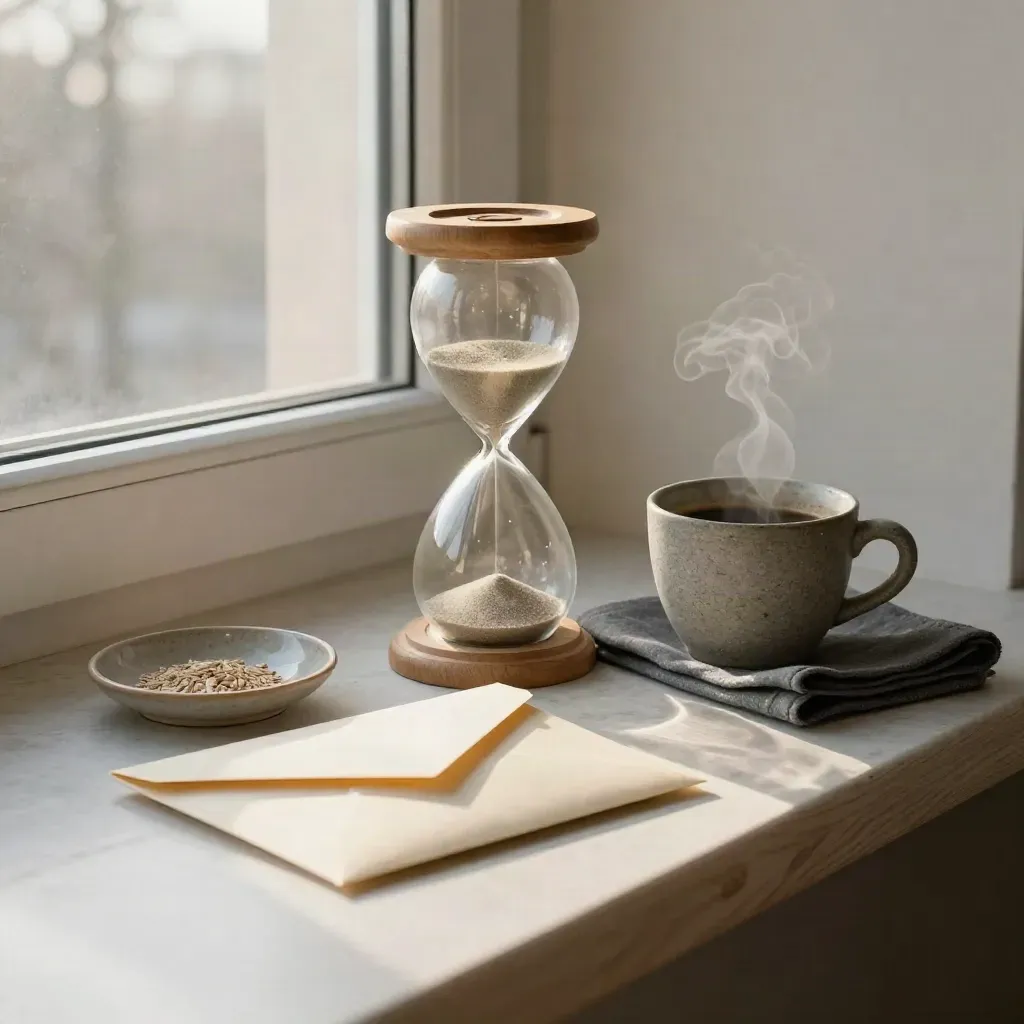 Sanduhr, Sparumschläge, Keramikschale, Wolltuch und Kaffeedampf am Wintermorgen
