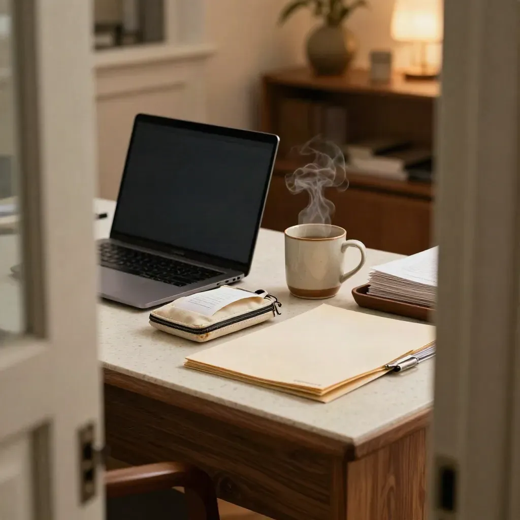 Freelancer-Schreibtisch bei Nacht mit Laptop, Belegtasche, Tasse und Steuerordner.