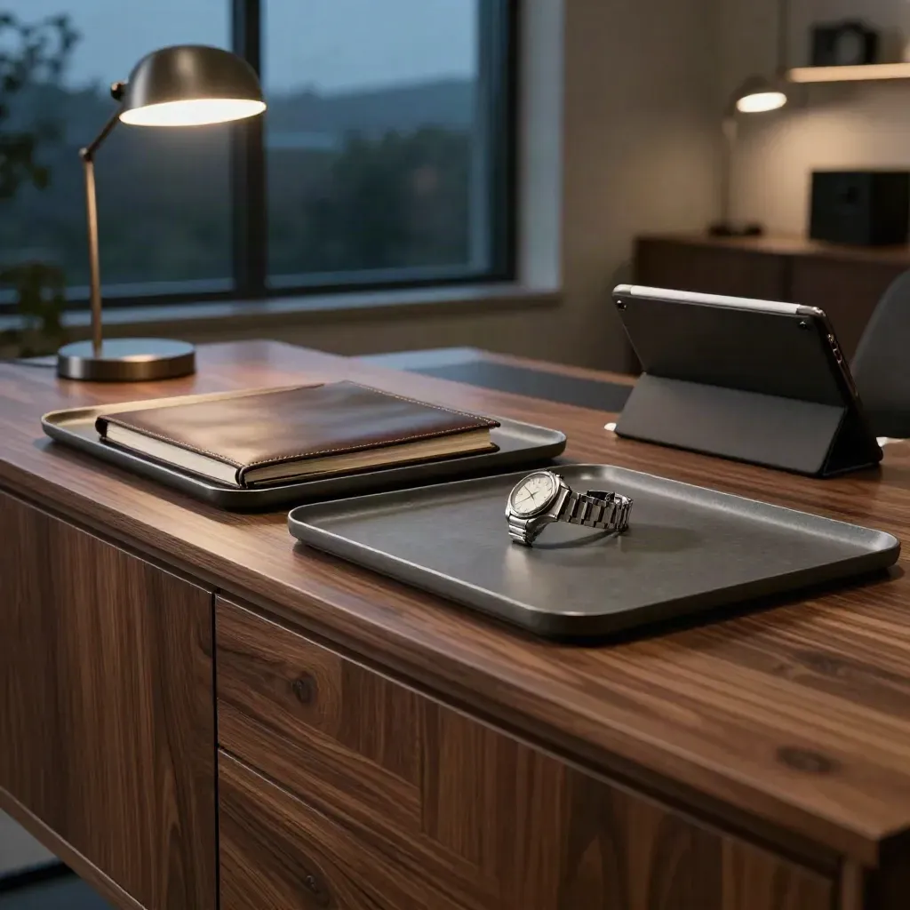 Vermögens-Setup mit drei Ablagen, Folio, Uhr und Tablet im warmen Lampenlicht.