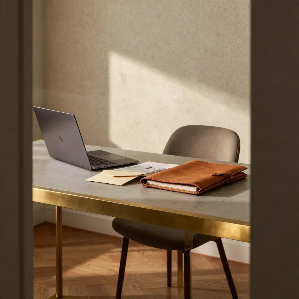 Dämmerungslicht auf Studiotisch mit Laptop, Sparumschlag, Skizzenbuch, Ledermappe und leerem Stuhl