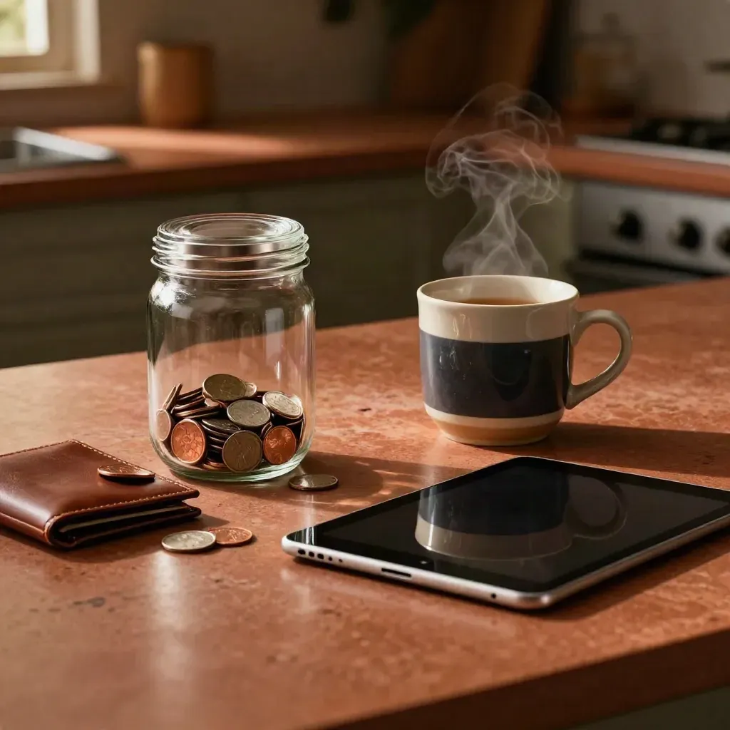 Coins im Glas, Portemonnaie, Tasse und Tablet auf der Kücheninsel im Abendlicht.