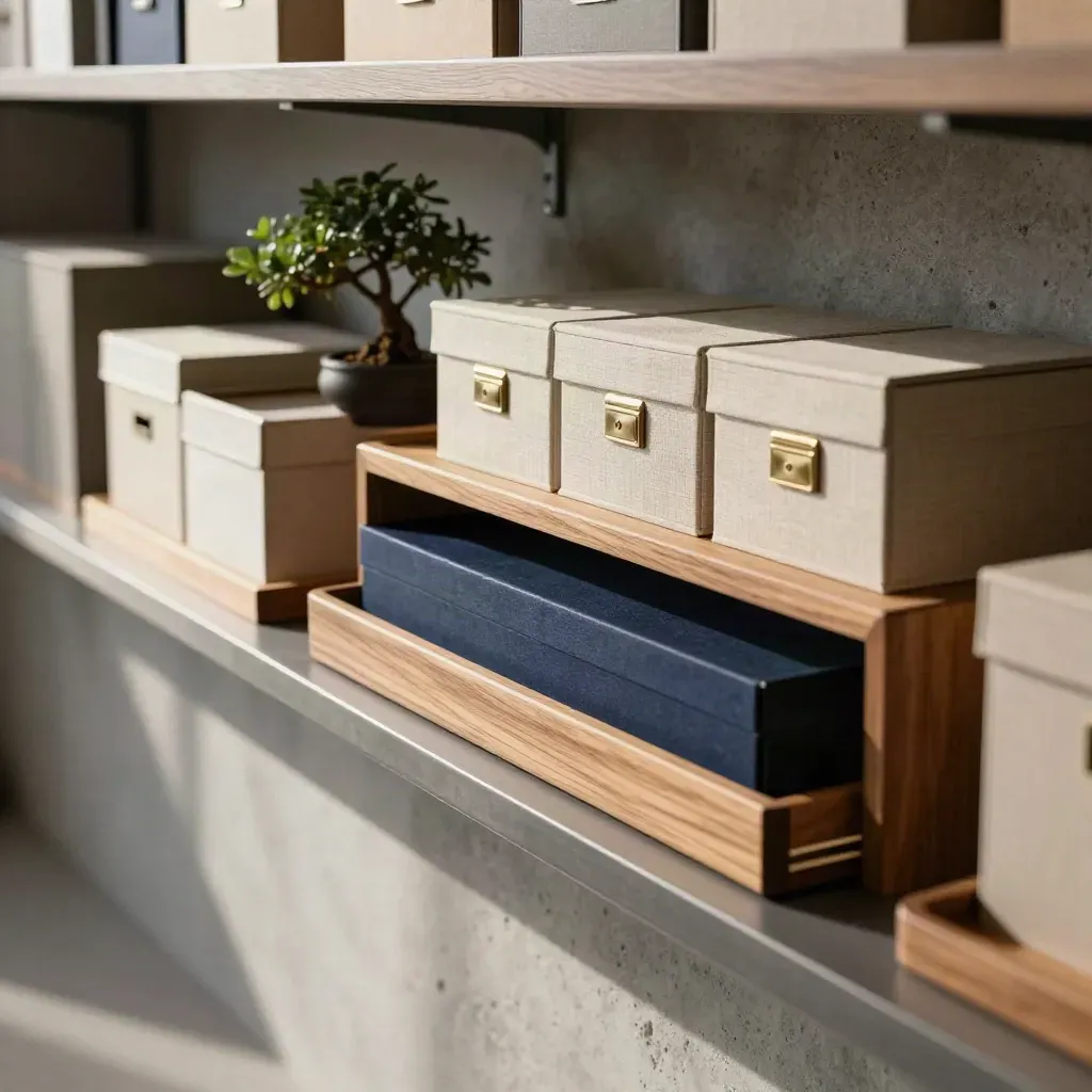 Ordentliche Ablageschale mit Bonsai und Archivboxen im Finanzberatungsregal.
