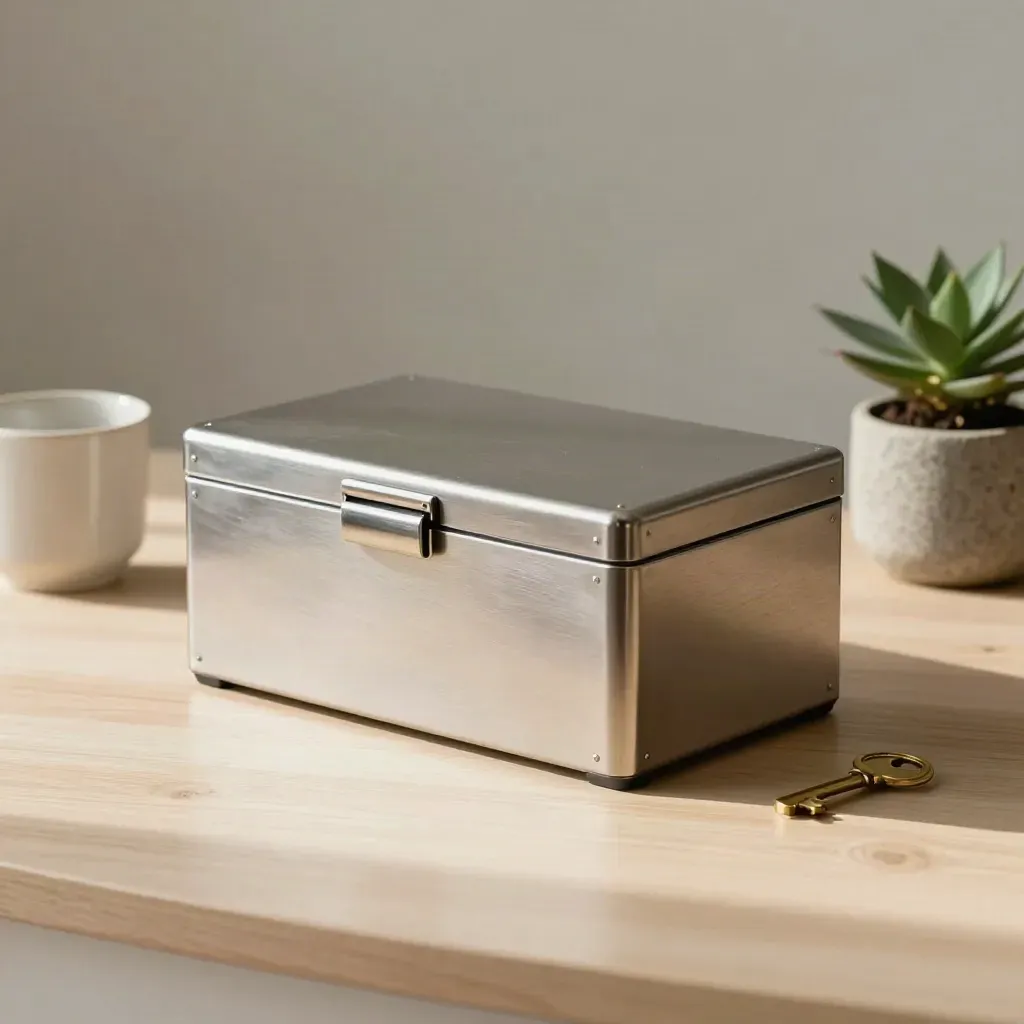 Brushed-Steel-Kassette mit Schlüssel, Tasse und Pflanze auf hellem Holz.
