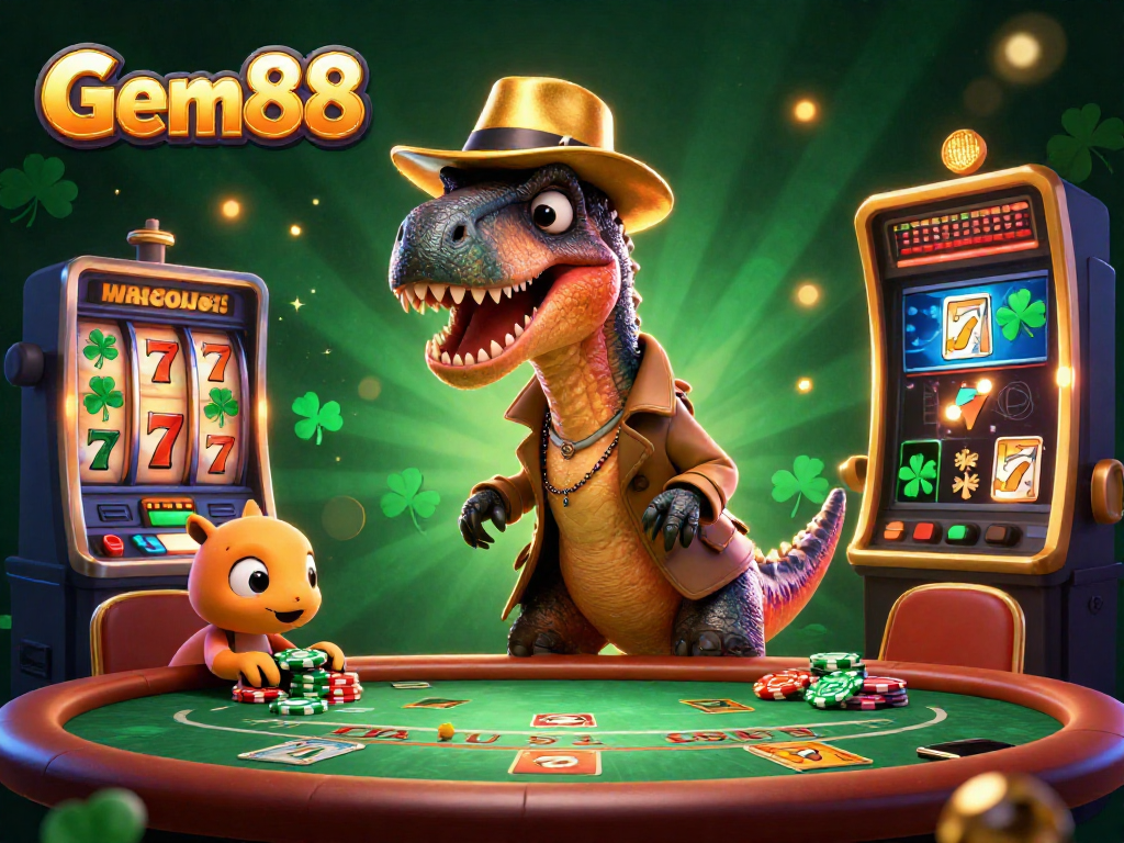Engage with Gem88 by trying your luck at blackjack with cartoon characters in a fun 3D illustration.