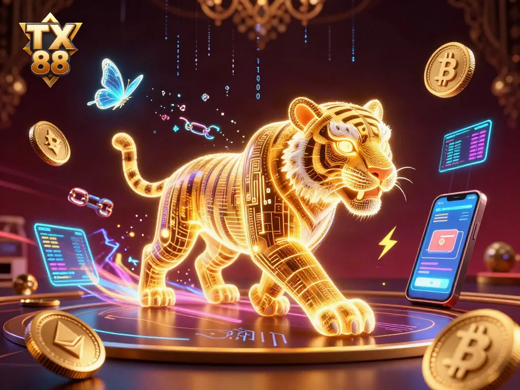 Experience the vibrant digital casino world of TX 88 with a neon-wireframe tiger and floating crypto elements.