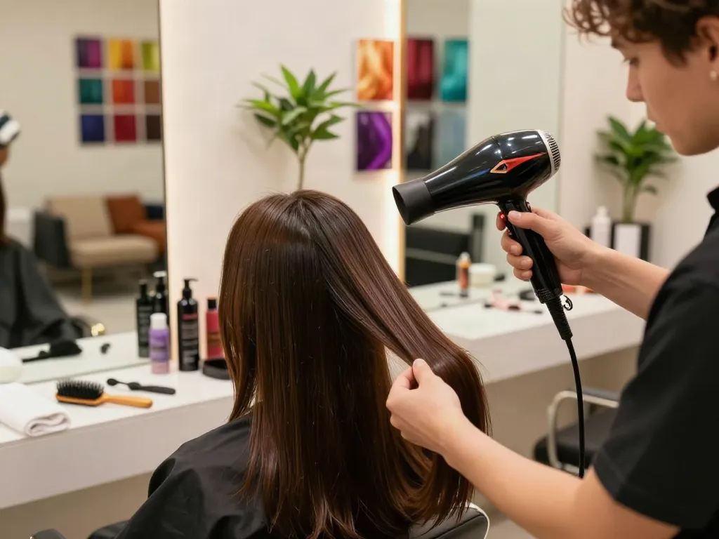Stylist verwendet einen Ionenföhn in modernem Friseursalon, um glänzendes Haar zu trocknen.
