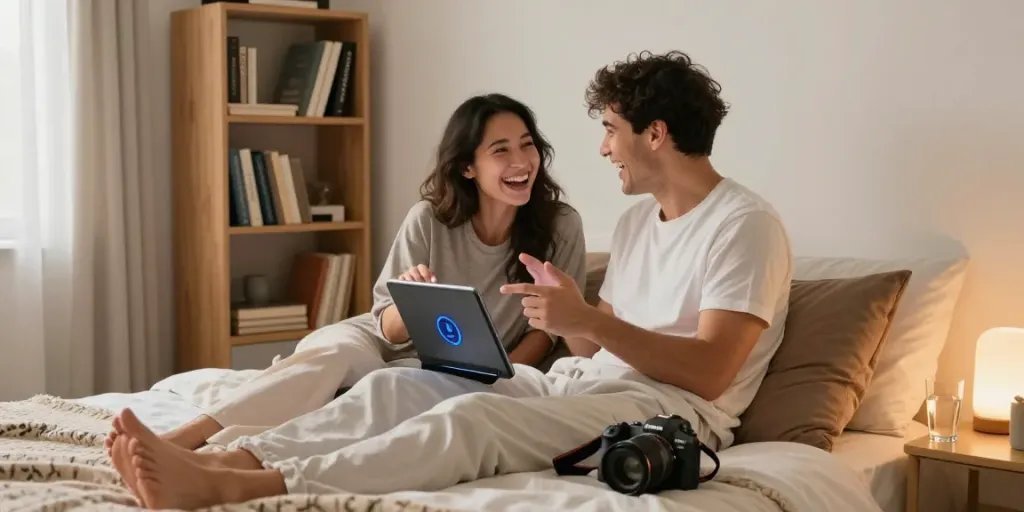 Couple enjoying free AI sex chat on a tablet in a cozy bedroom.