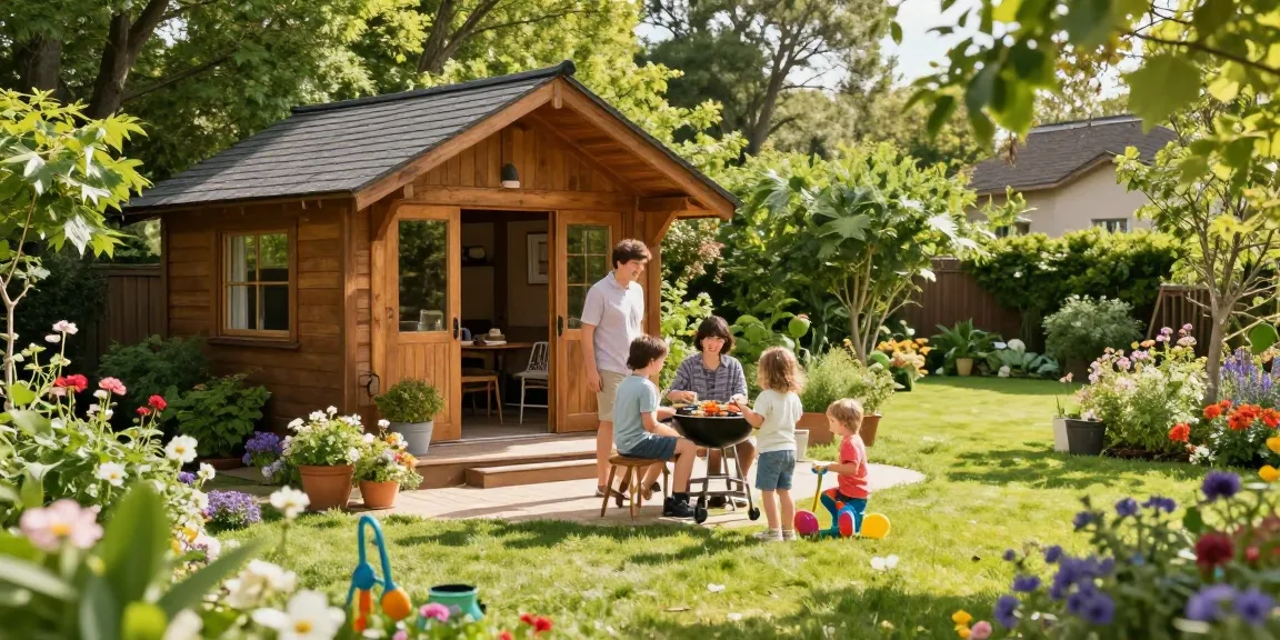 Gemütliches Gartenhaus umgeben von Blumen und spielenden Kindern im Garten.