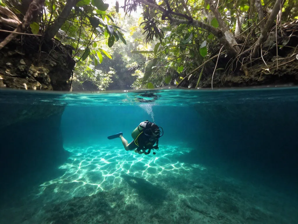 Taucher im Cenote El Pit mit klarem Wasser und Sonnenstrahlen, atemberaubender Ort für Fortgeschrittene.