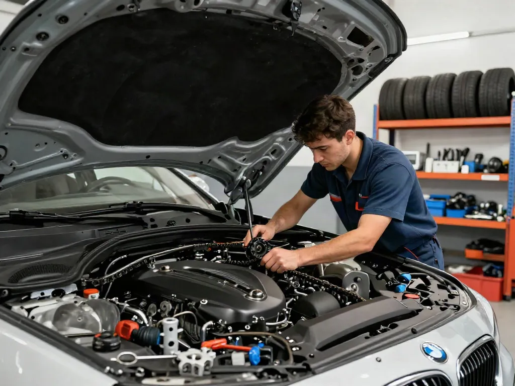 BMW Steuerkette Hannover: Mechaniker arbeitet professionell an einem Fahrzeug in einer modernen Garage.