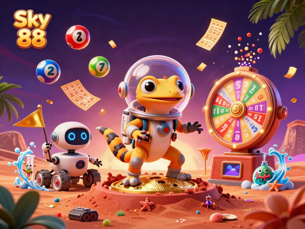 Experience thrilling gameplay at Sky 88 with a dynamic illustration showcasing exciting casino elements.