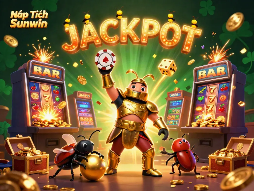 Engage with Nạp Tiền Sunwin in a colorful, dynamic jackpot gaming scene featuring cartoon characters and vibrant casino elements.