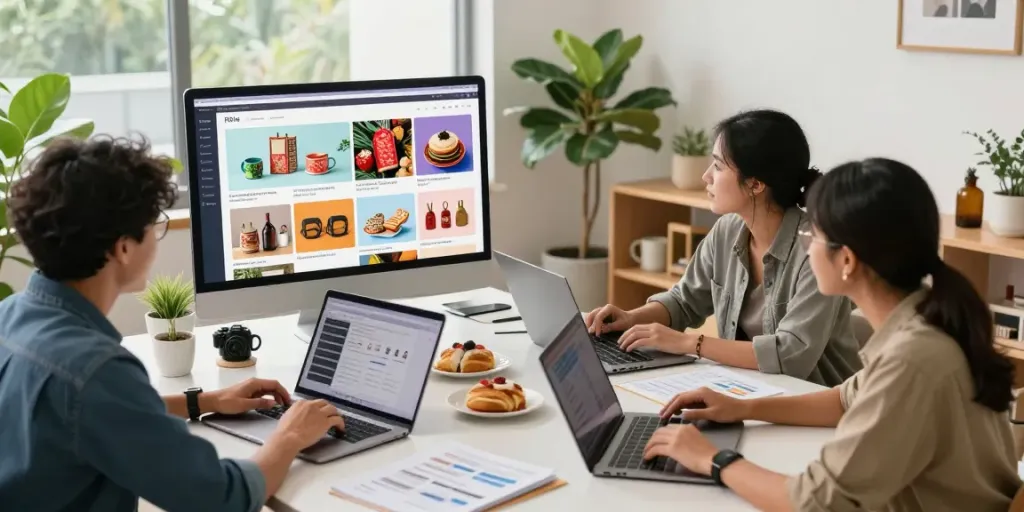 rokok88 e-commerce team collaborating on promoting local Indonesian products in a modern workspace.